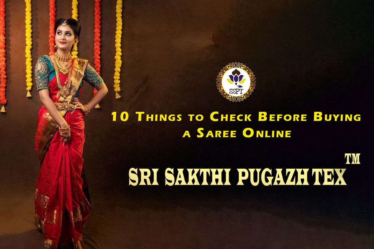 Woman checking saree quality before buying saree online from Sri Sakthi Pugazh Tex