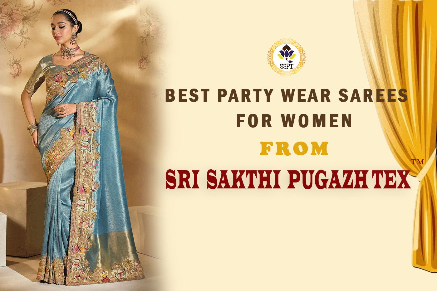 Woman wearing an elegant party wear sarees from Sri Sakthi Pugazh Tex