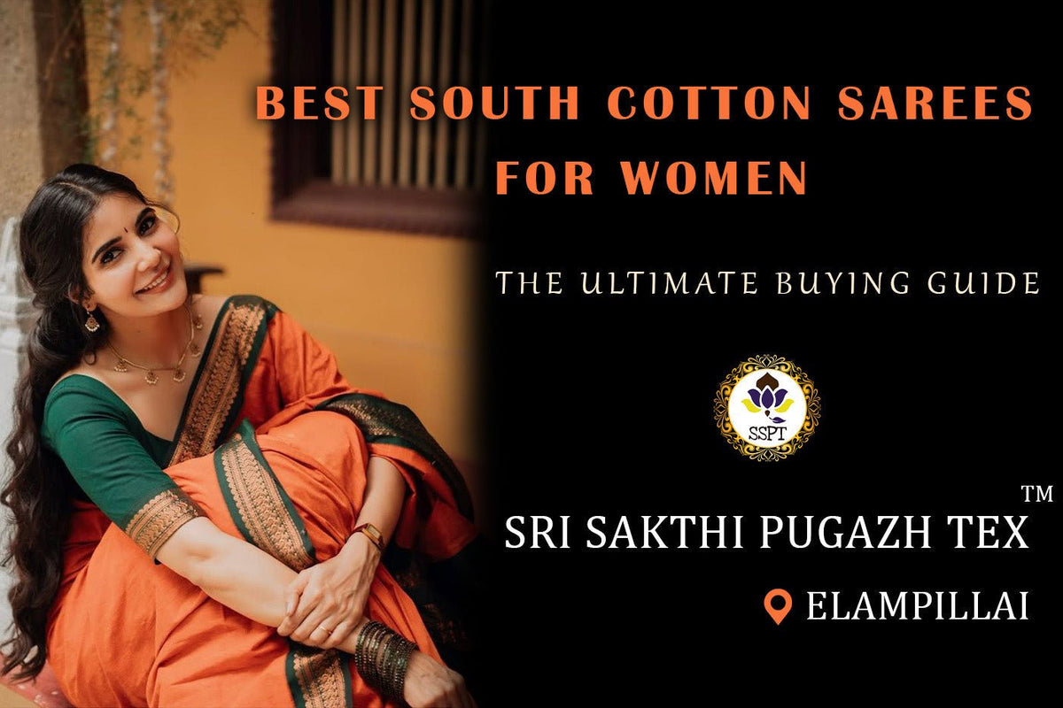 Woman wearing an elegant South Cotton sarees in traditional South Indian style