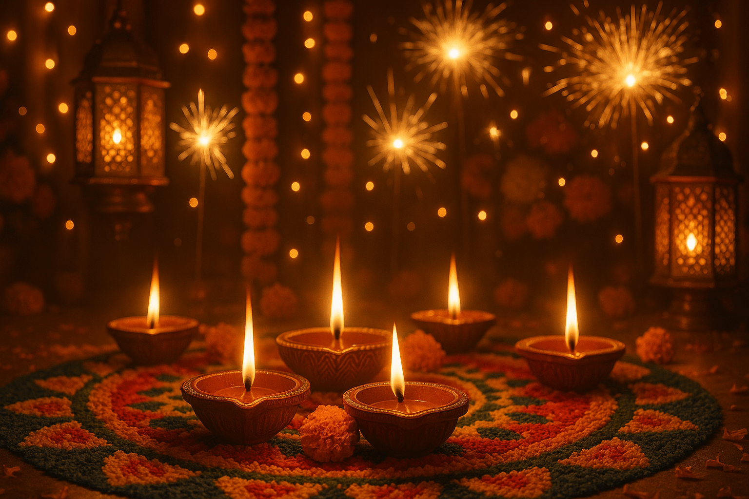 Alt Text:
"Diwali vibes diyas glowing on a rangoli with lanterns and sparklers in the background