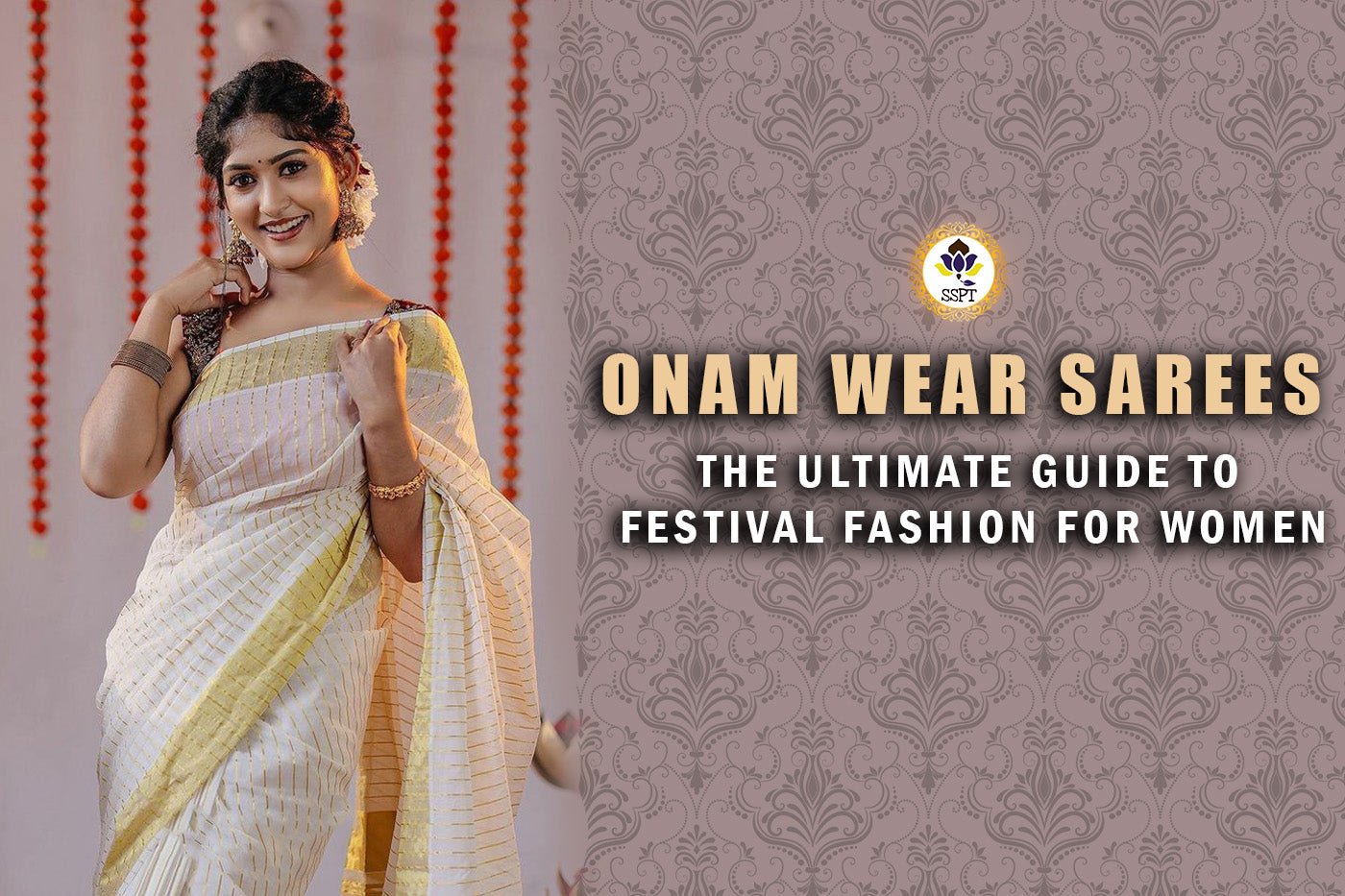 Woman wearing a traditional Onam wear sarees in gold and cream colour for festival celebration