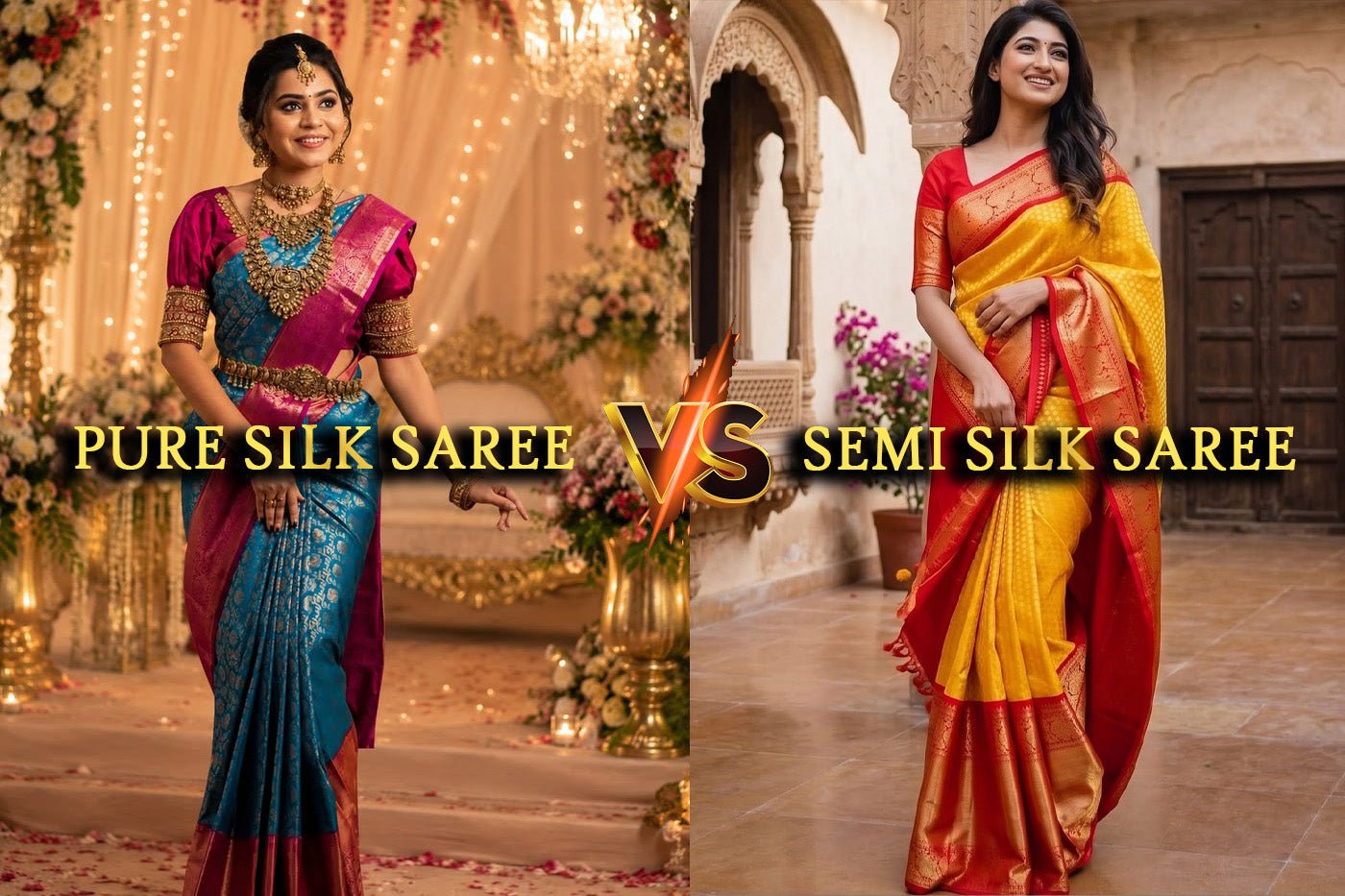 Woman comparing pure silk and semi silk saree in rich colors