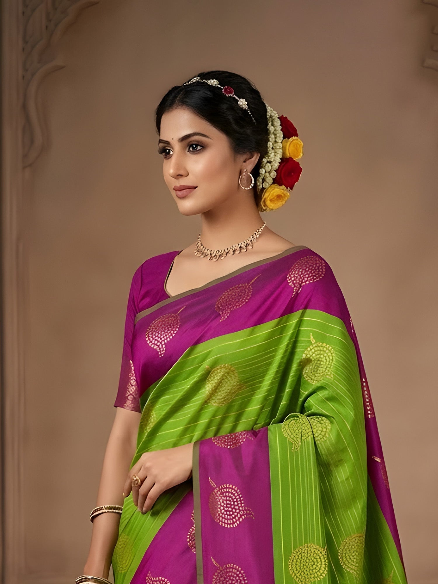 Mehandi Luxury Semi Silk Saree for women with elegant festive and wedding wear design from Sri Sakthi Pugazh Tex Elampillai Salem Tamil Nadu