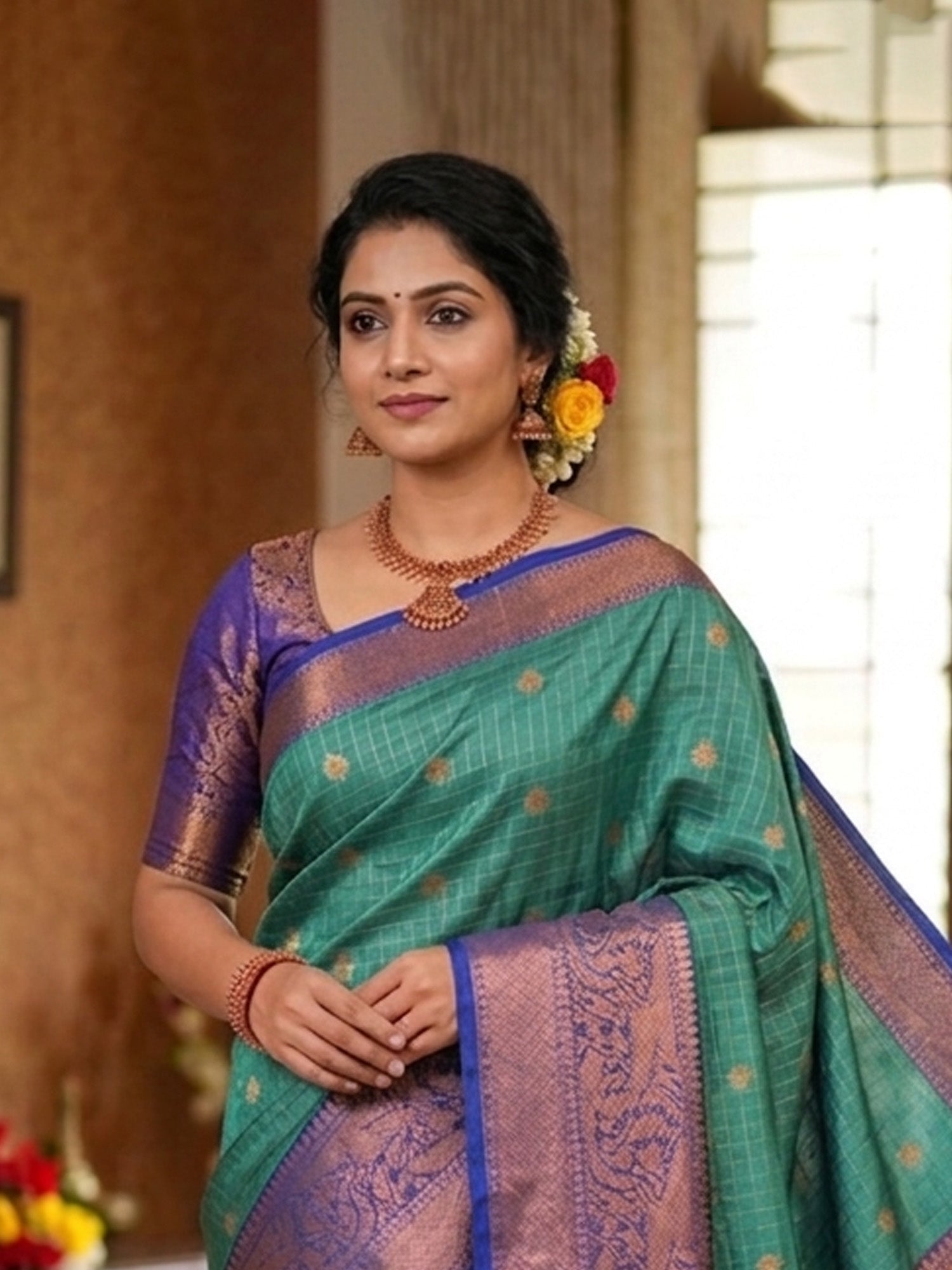 Elegant Varanasi Replica Silk Saree for women featuring traditional woven patterns, ideal for weddings, festivals, and special occasions.