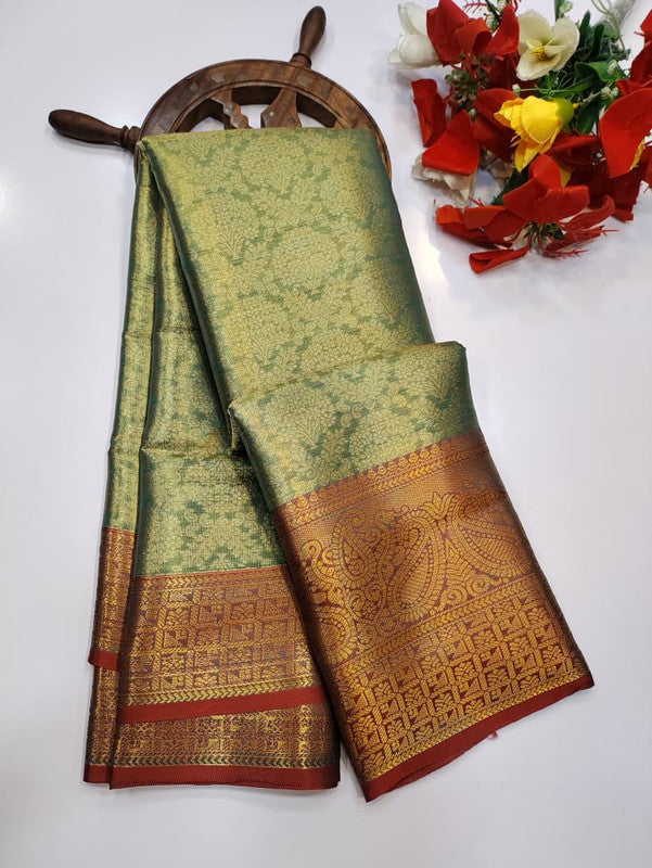 One gram tissue saree with elegant shine and traditional design, front image.