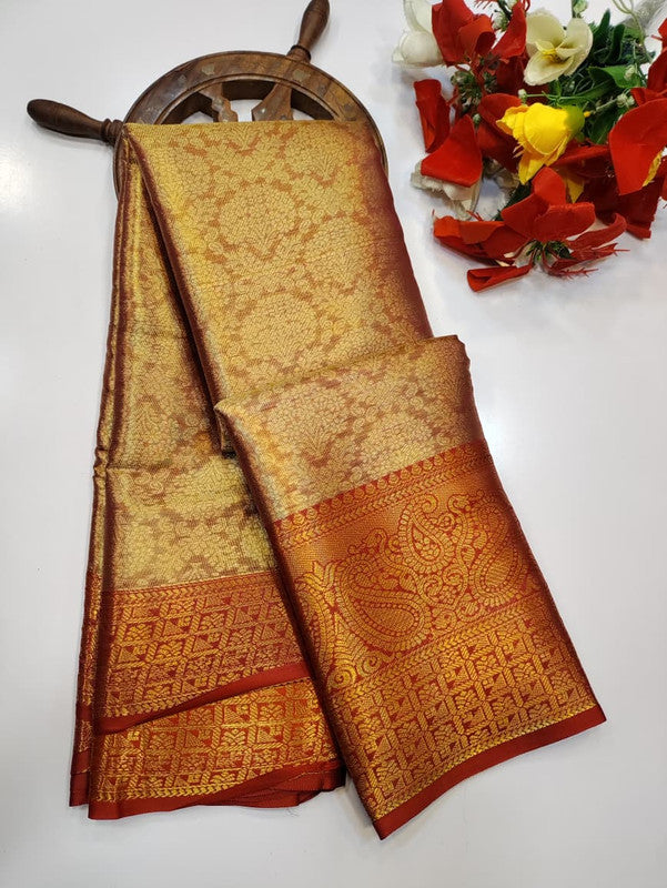 One gram tissue saree with elegant shine and traditional design, front image.