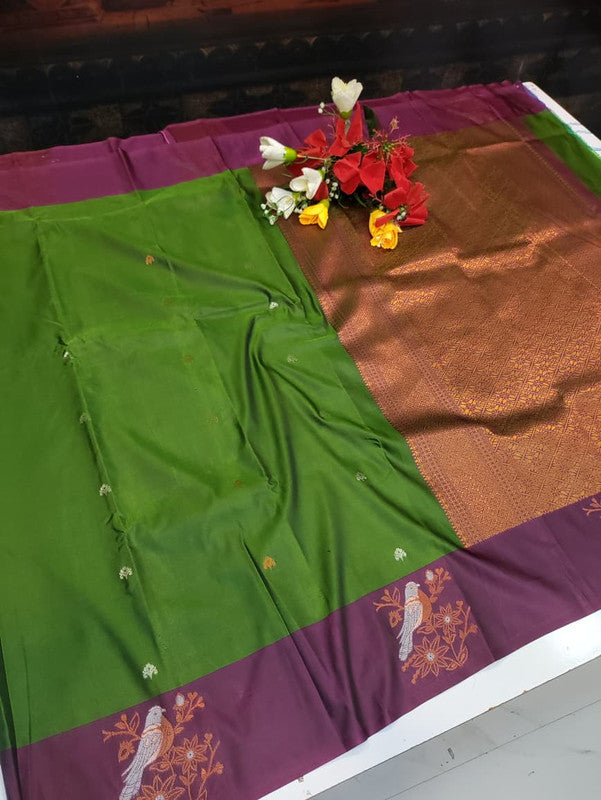 Poovizhi Soft Silk Saree with zari bird design for festival wear