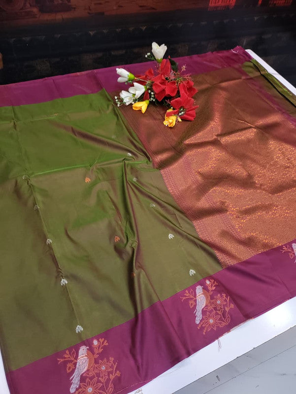 Poovizhi Soft Silk Saree with zari bird design for festival wear