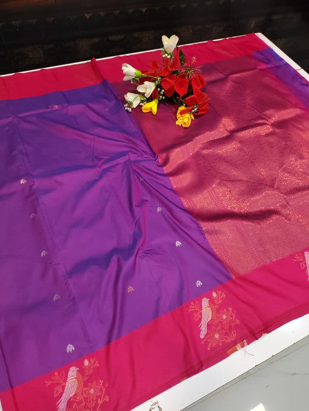 Poovizhi Soft Silk Saree with zari bird design for festival wear