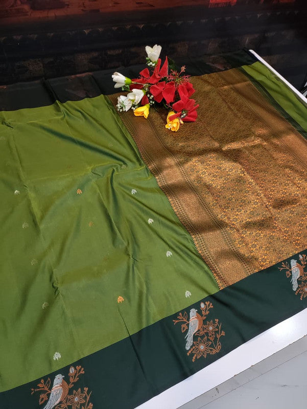 Poovizhi Soft Silk Saree with zari bird design for festival wear
