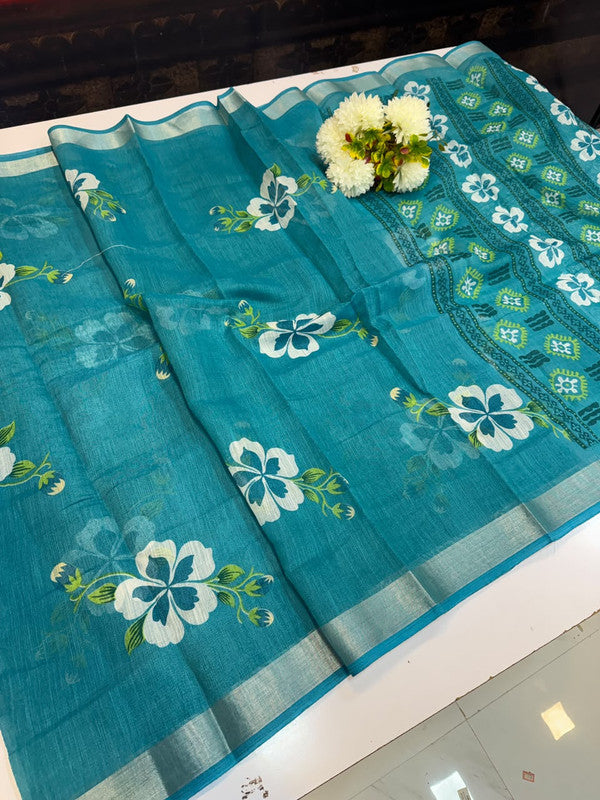 Club Linen Printed Saree in premium linen fabric for festive wear