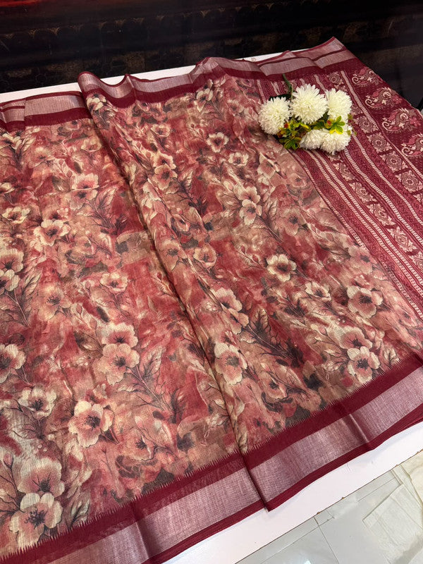 Club Linen Printed Saree in premium linen fabric for festive wear