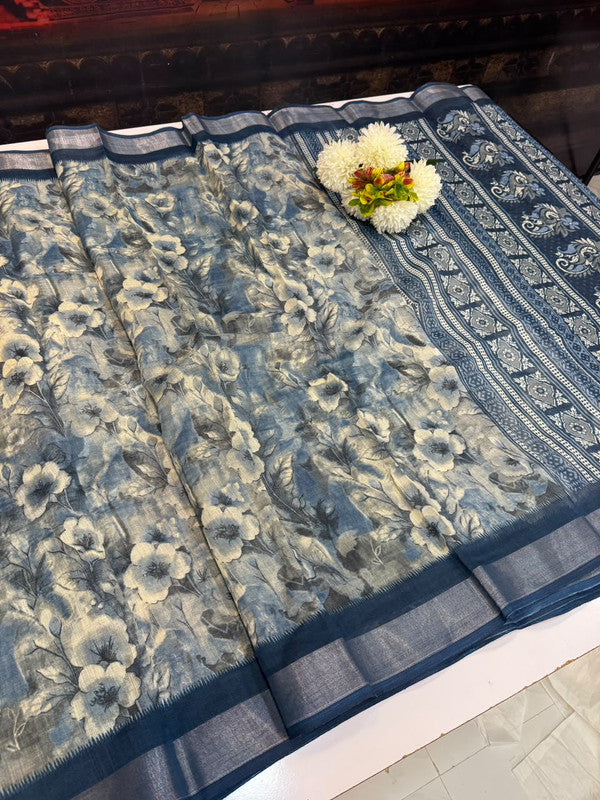 Club Linen Printed Saree in premium linen fabric for festive wear