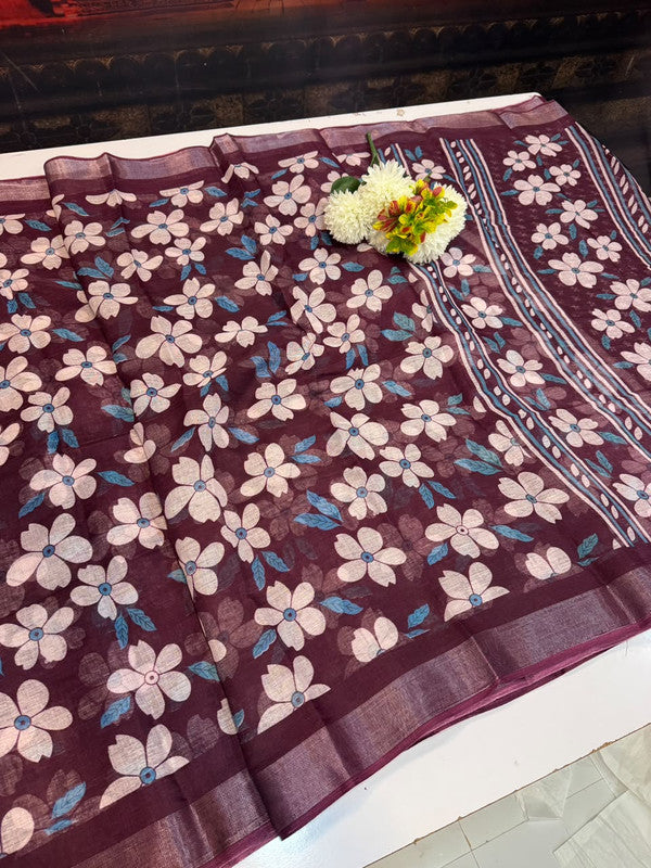 Club Linen Printed Saree in premium linen fabric for festive wear
