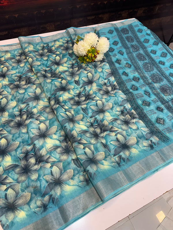 Club Linen Printed Saree in premium linen fabric for festive wear