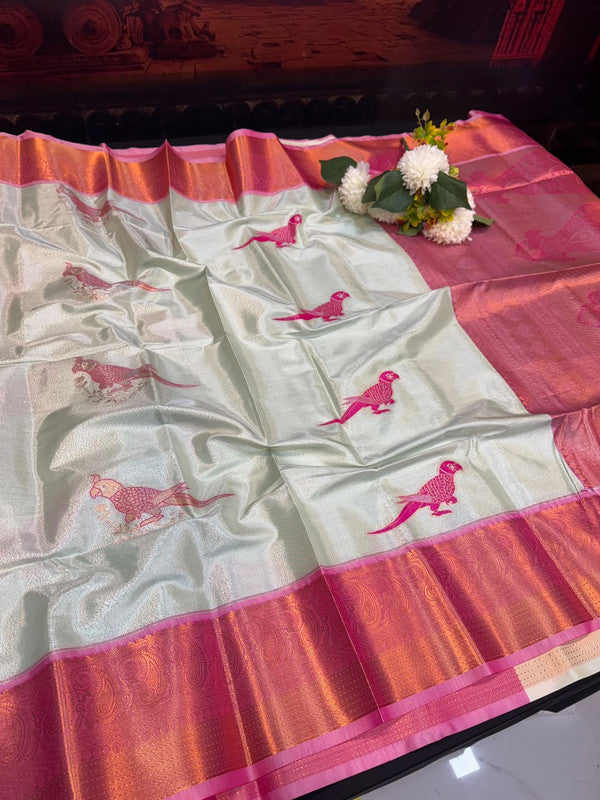 Sneha Inspired Tissue Saree with Zari Parrot Design for Wedding Wear