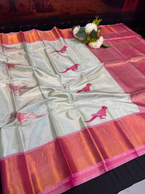 Sneha Inspired Tissue Saree with Zari Parrot Design for Wedding Wear