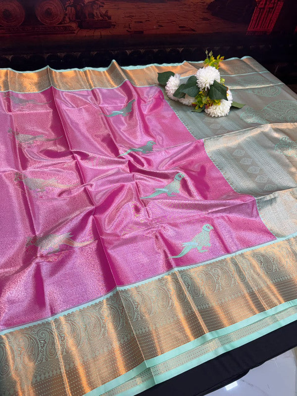 Sneha Inspired Tissue Saree with Zari Parrot Design for Wedding Wear