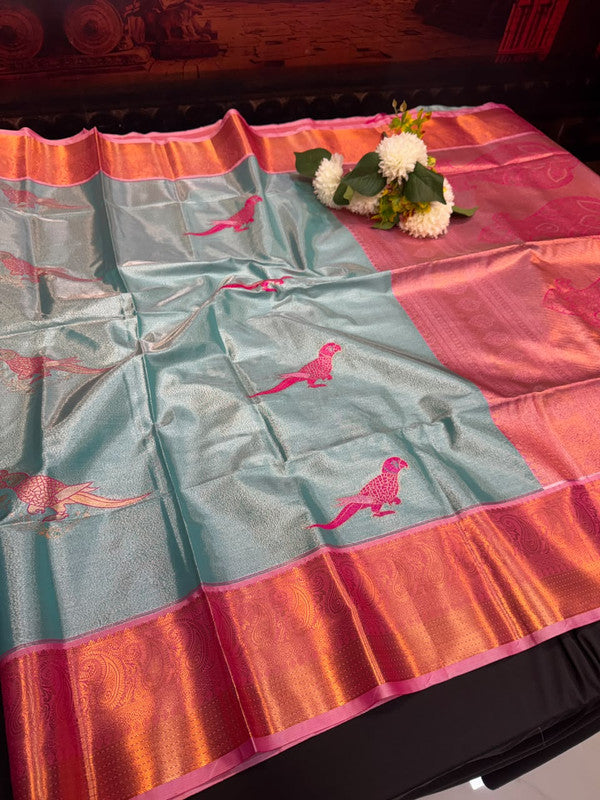 Sneha Inspired Tissue Saree with Zari Parrot Design for Wedding Wear
