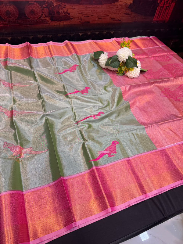 Sneha Inspired Tissue Saree with Zari Parrot Design for Wedding Wear