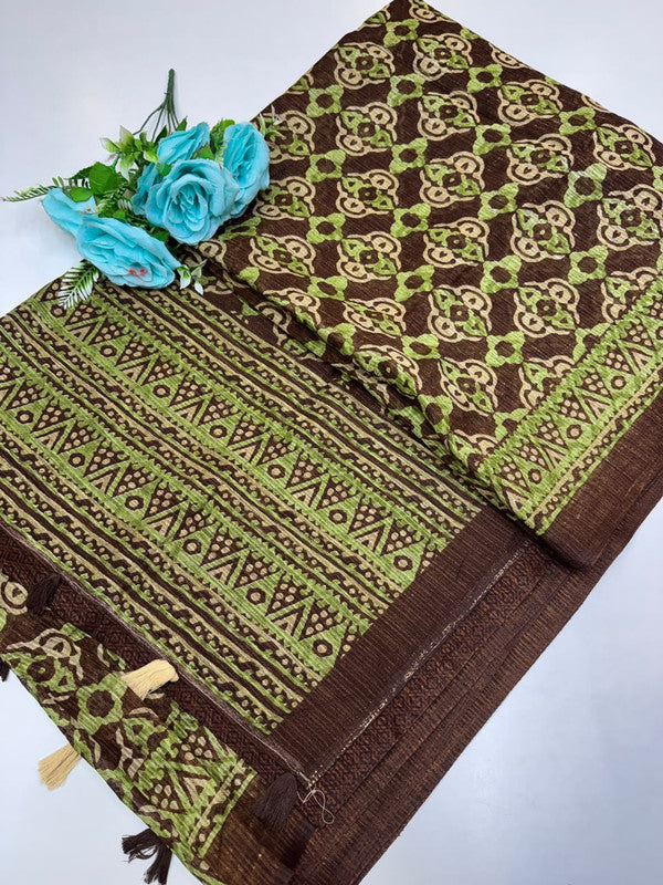 Green Leaf Jute Fancy Saree for Party Wear with Contrast Blouse
