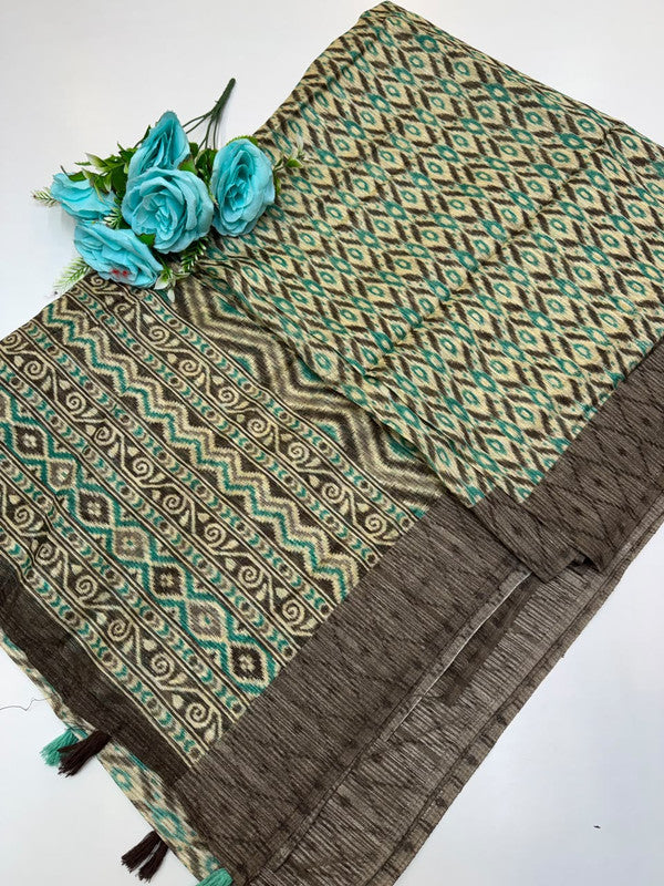 Green Leaf Jute Fancy Saree for Party Wear with Contrast Blouse