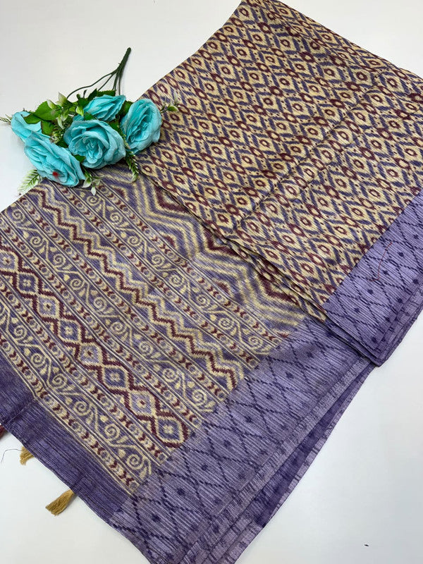 Green Leaf Jute Fancy Saree for Party Wear with Contrast Blouse