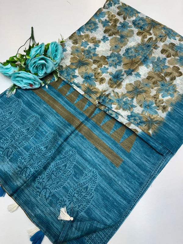 Green Leaf Jute Fancy Saree for Party Wear with Contrast Blouse