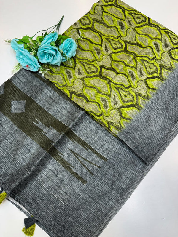 Green Leaf Jute Fancy Saree for Party Wear with Contrast Blouse