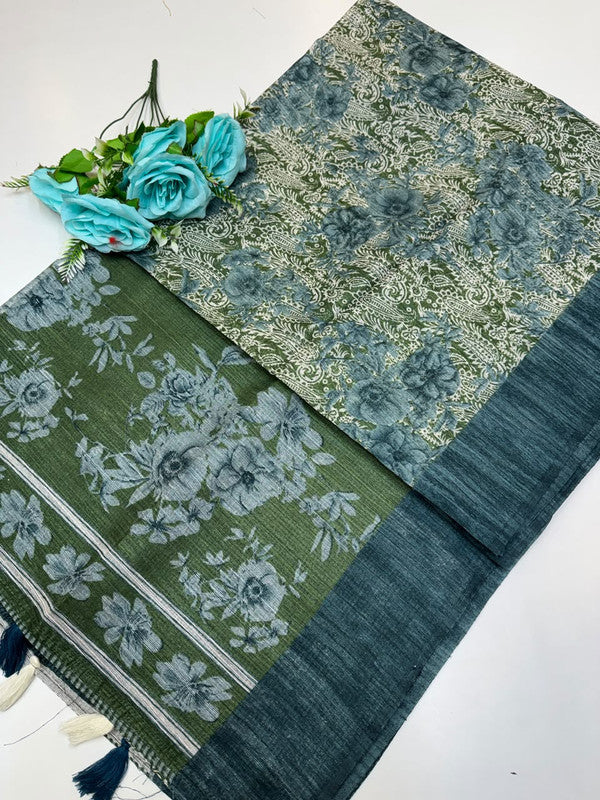 Green Leaf Jute Fancy Saree for Party Wear with Contrast Blouse