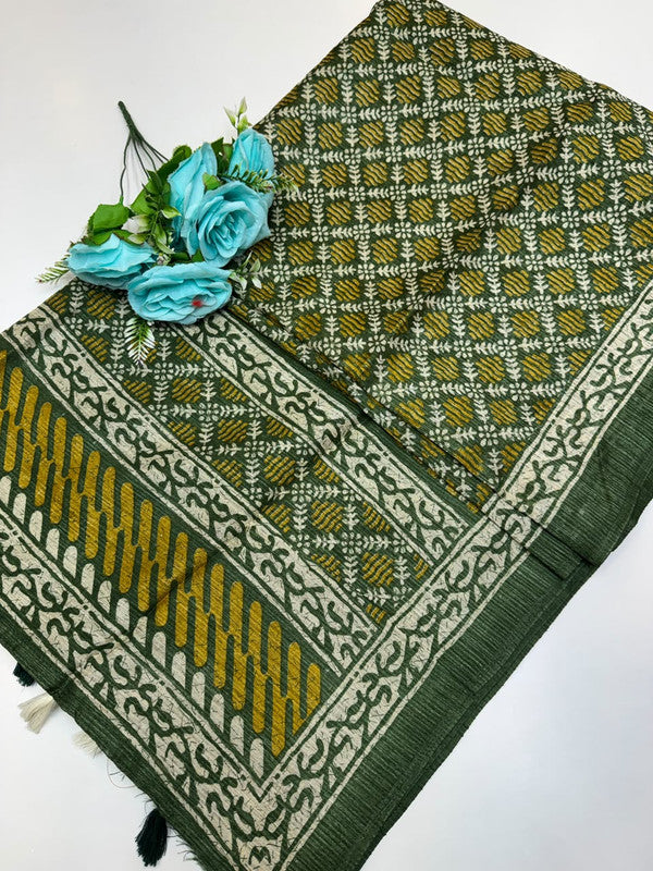 Green Leaf Jute Fancy Saree for Party Wear with Contrast Blouse