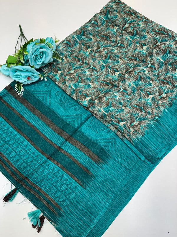 Green Leaf Jute Fancy Saree for Party Wear with Contrast Blouse