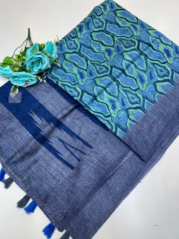 Green Leaf Jute Fancy Saree for Party Wear with Contrast Blouse