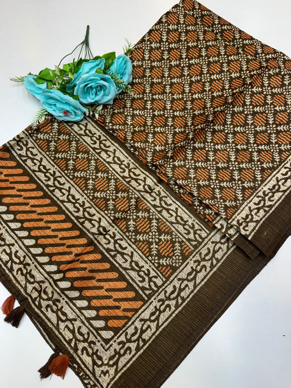 Green Leaf Jute Fancy Saree for Party Wear with Contrast Blouse