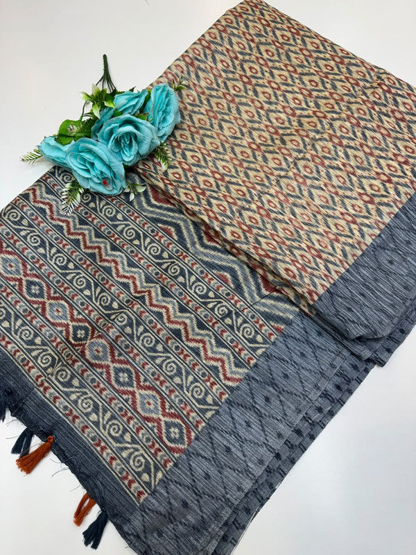 Green Leaf Jute Fancy Saree for Party Wear with Contrast Blouse