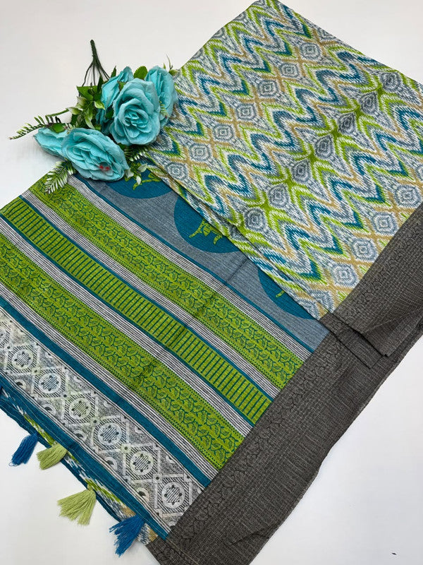 Green Leaf Jute Fancy Saree for Party Wear with Contrast Blouse