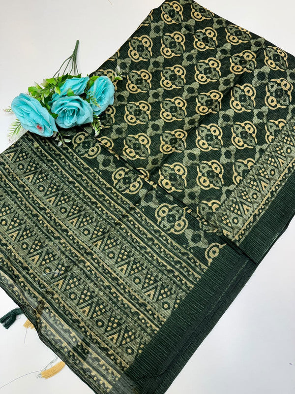 Green Leaf Jute Fancy Saree for Party Wear with Contrast Blouse