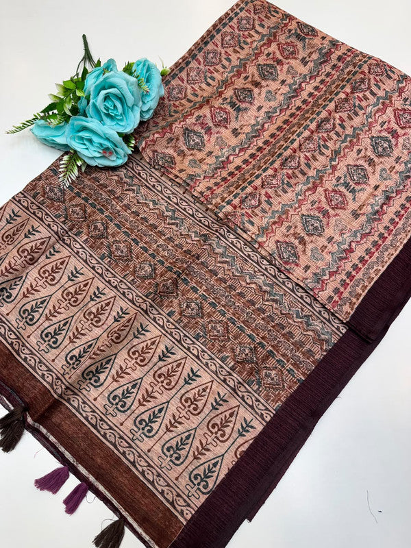 Green Leaf Jute Fancy Saree for Party Wear with Contrast Blouse