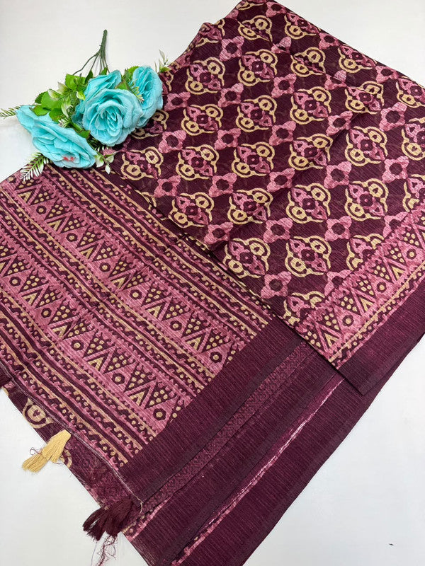 Green Leaf Jute Fancy Saree for Party Wear with Contrast Blouse