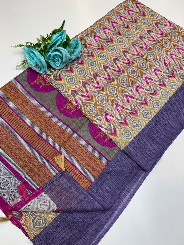 Green Leaf Jute Fancy Saree for Party Wear with Contrast Blouse