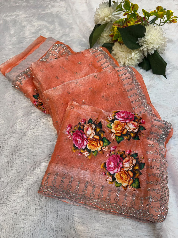 Butter Digital Space Silk Saree with stone work