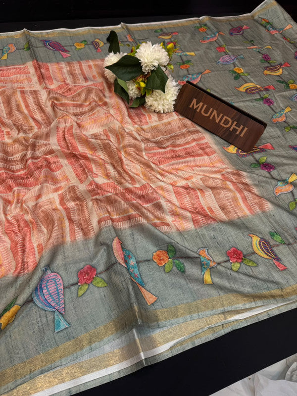 Katha Fancy Silk Saree with elegant zari work and contrast blouse