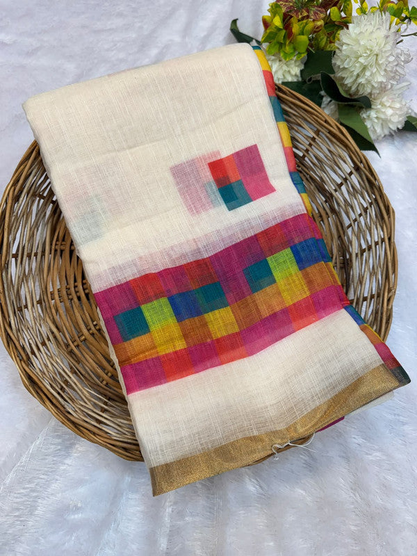 Madras White Checks Fancy Cotton Saree | MCC34