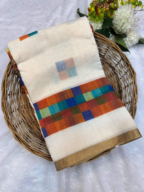 Madras White Checks Fancy Cotton Saree | MCC32