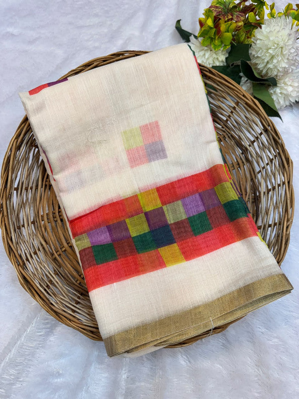 Madras White Checks Fancy Cotton Saree | MCC35