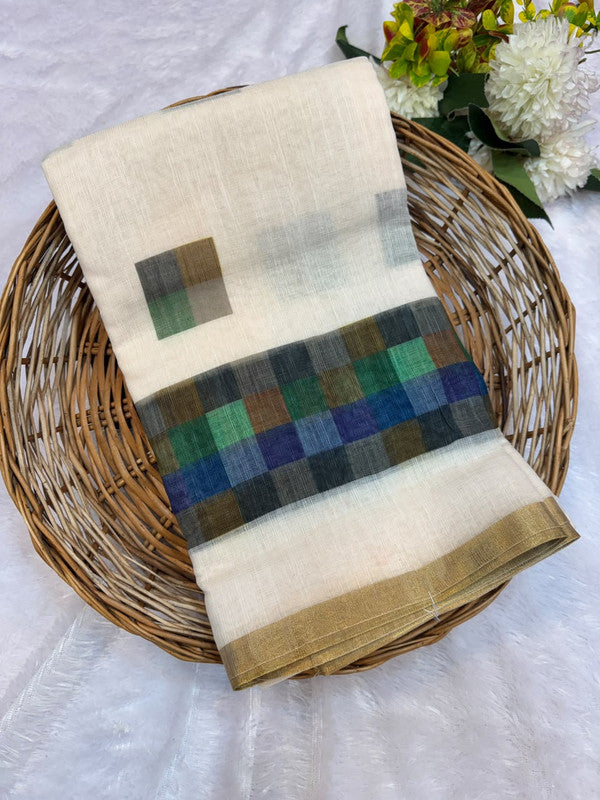 Madras White Checks Fancy Cotton Saree | MCC38