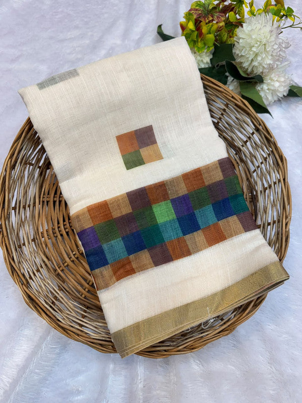 Madras White Checks Fancy Cotton Saree | MCC37