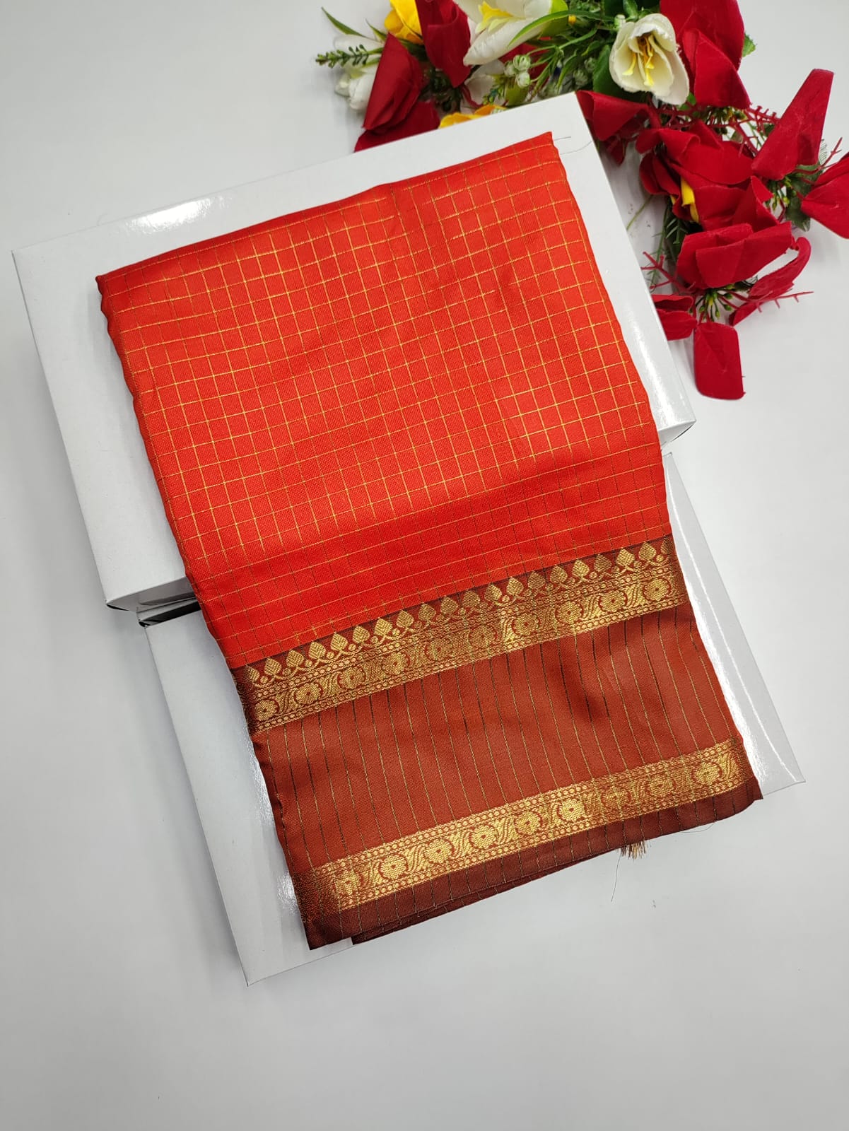 Rust Orange Checked Saree RG30