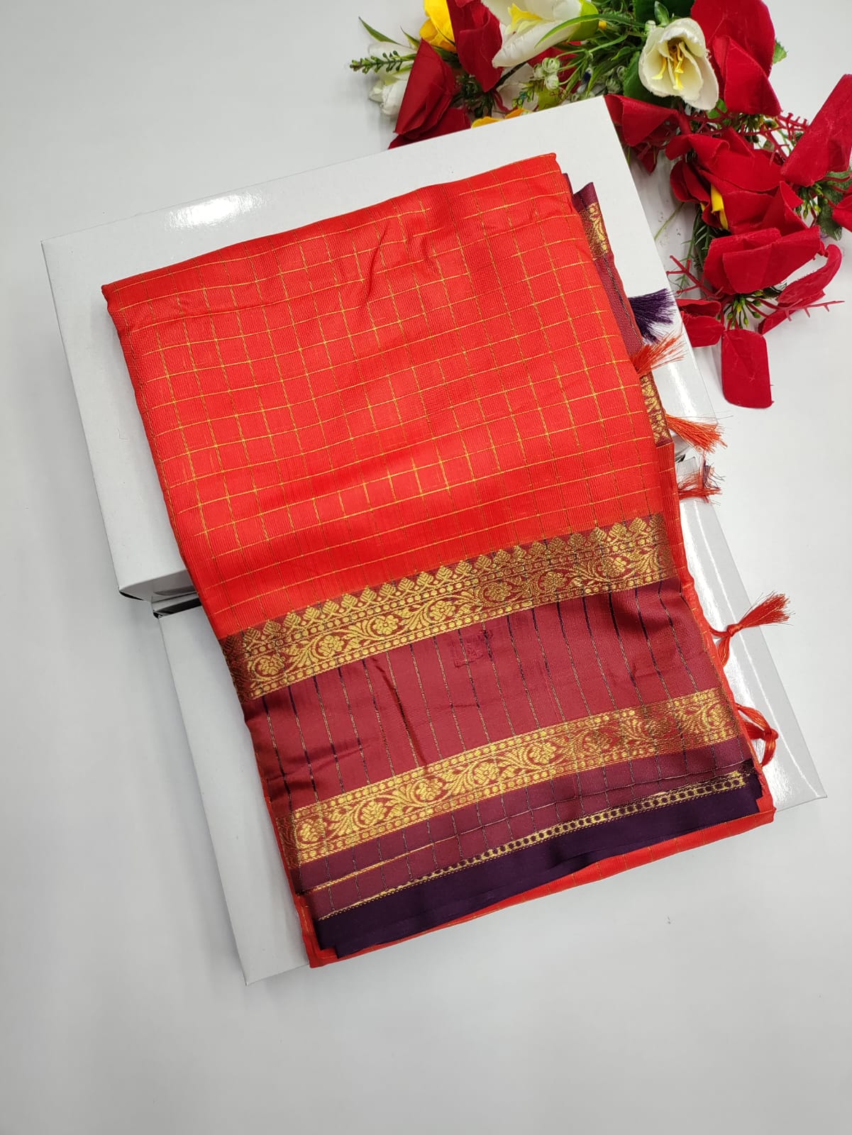 Rust Orange Checked Saree RG29