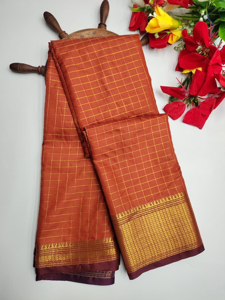 Rust Orange Checks Saree RG36